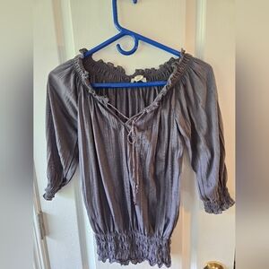 Gray Blouse with Puff Sleeves and Ruched Neckline